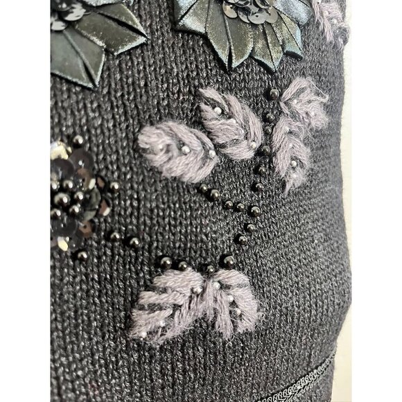 Retro Floral Sweater Vest L Black Beaded Sequin Classic Chic Preppy Old Money - Picture 4 of 12